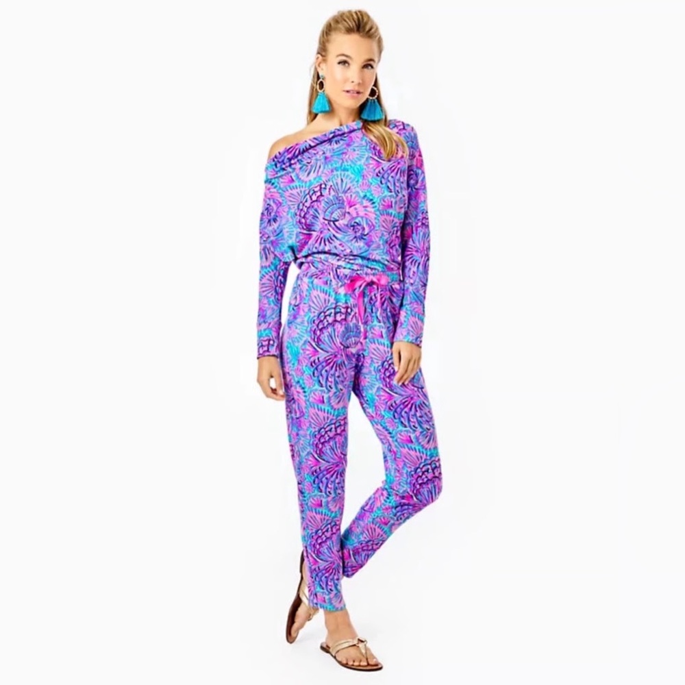 NWT Lilly Pulitzer Sheera 1 Shoulder Jumpsuit Turquoise Oasis Pink/Blue Size S
